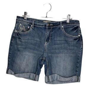 Earl Jean Embroidered Rhinestone Cuffed Denim Shorts Size 12 Blue Fleur-de-Lis